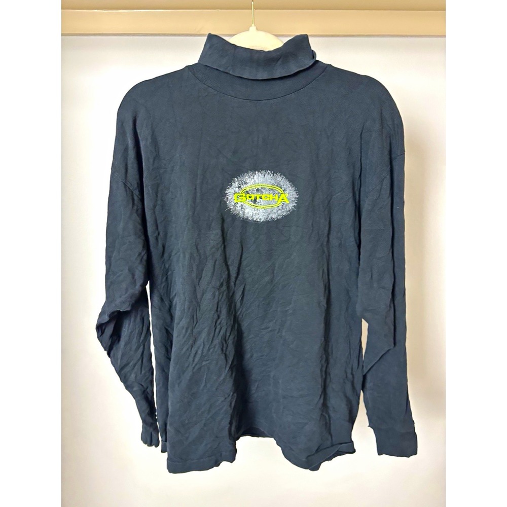 1990s Vtg Gotcha Men's M Gray Cotton Knit Long Sleeve Mock Neck Graphic T-Shirt